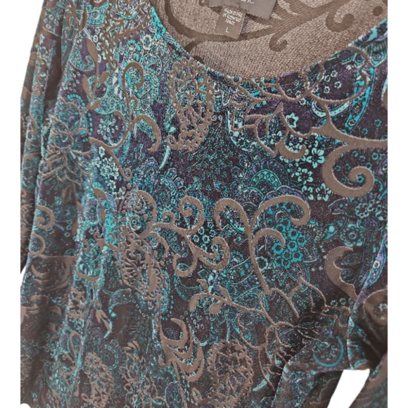 Karen Kane Blue & Black Velvet Burn-out Paisley Long Sleeve Top Size L - Picture 3 of 6